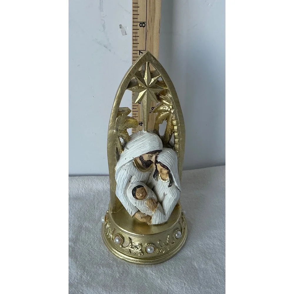 Nativity Holy Family Figurine Gold Star Pearl Accents 8.5‎ Inch Religious